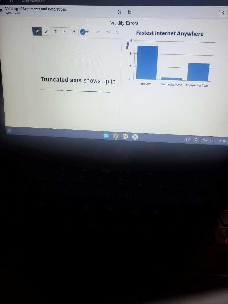 student desmos.com
Validity of Arguments and Data Types
Tyrone stellar
✓
T √
**
Validity Errors
X
Truncated axis shows up
in
9
8
7
6
Fastest Internet Anywhere
AppCom
Competitor One Competitor Two
O 0
Sep 15
<
1:23 →