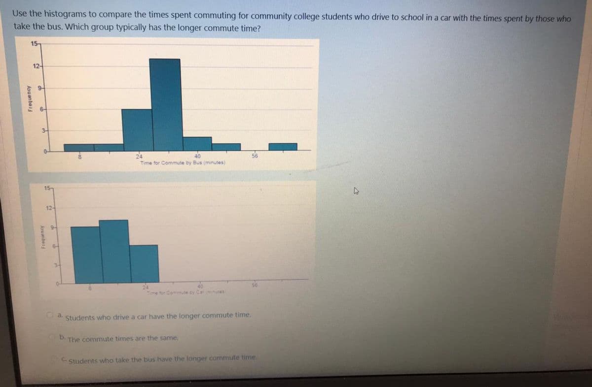 Use the histograms to compare the times spent commuting for community college students who drive to school in a car with the times spent by those who
take the bus. Which group typically has the longer commute time?
15-
12-
0-
Time for Commute by Bus (minutes)
15
12-
s6
me for Commute by Car im.nutes
Oa.
Students who drive a car have the longer commute time.
b. The commute times are the same
C. Students who take the bus have the longer commute time.
fouenbe
Aouanba
