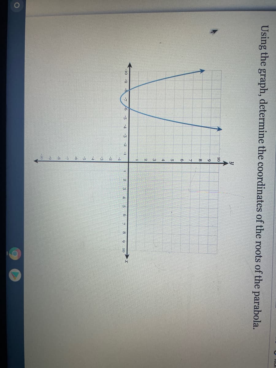 Using the graph, determine the coordinates of the roots of the parabola.
10
6.
8
5
4
-10 -9
-8
-7
-6
-5
-4
-3
-2
5.
-1
1
3.
4
6.
9 10
-1
-2
-3
-4
-5
-8
-9
-10
