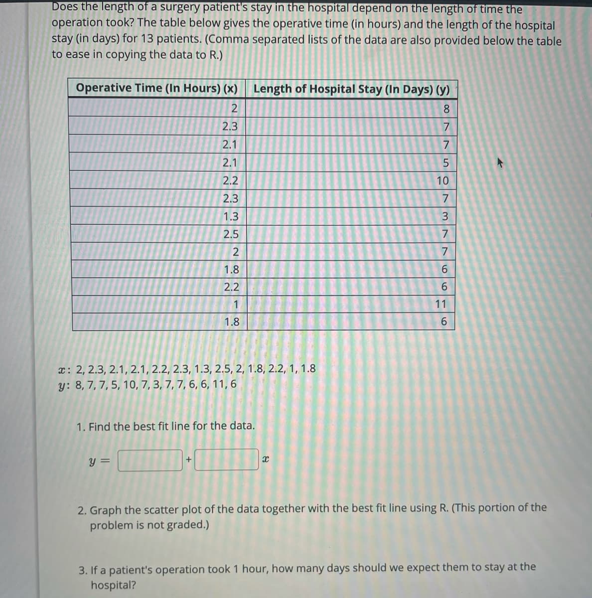 Does the length of a surgery patient's stay in the hospital depend on the length of time the
operation took? The table below gives the operative time (in hours) and the length of the hospital
stay (in days) for 13 patients. (Comma separated lists of the data are also provided below the table
to ease in copying the data to R.)
Operative Time (In Hours) (x)
Length of Hospital Stay (In Days) (y)
2
8.
2.3
7
2.1
7
2.1
2.2
10
2.3
7
1.3
3
2.5
7
7
1.8
6.
2.2
6.
1
11
1.8
x: 2, 2.3, 2.1, 2.1, 2.2, 2.3, 1.3, 2.5, 2, 1.8, 2.2, 1, 1.8
y: 8, 7,7, 5, 10, 7, 3, 7, 7, 6, 6, 11,6
1. Find the best fit line for the data.
y =
+
2. Graph the scatter plot of the data together with the best fit line using R. (This portion of the
problem is not graded.)
3. If a patient's operation took 1 hour, how many days should we expect them to stay at the
hospital?
