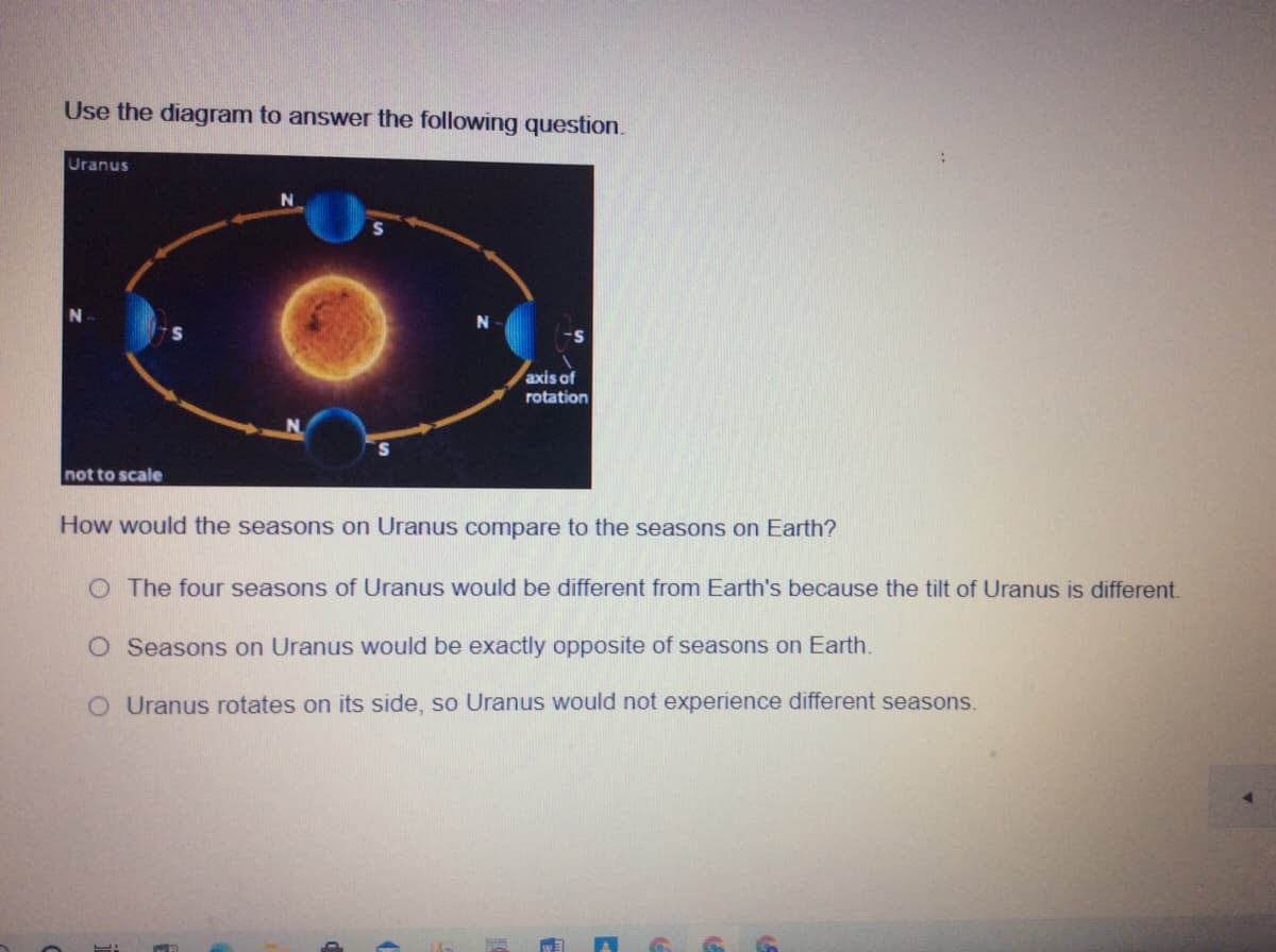 Use the diagram to answer the following question.
Uranus
axis of
rotation
not to scale
How would the seasons on Uranus compare to the seasons on Earth?
O The four seasons of Uranus would be different from Earth's because the tilt of Uranus is different.
O Seasons on Uranus would be exactly opposite of seasons on Earth.
O Uranus rotates on its side, so Uranus would not experience different seasons.
