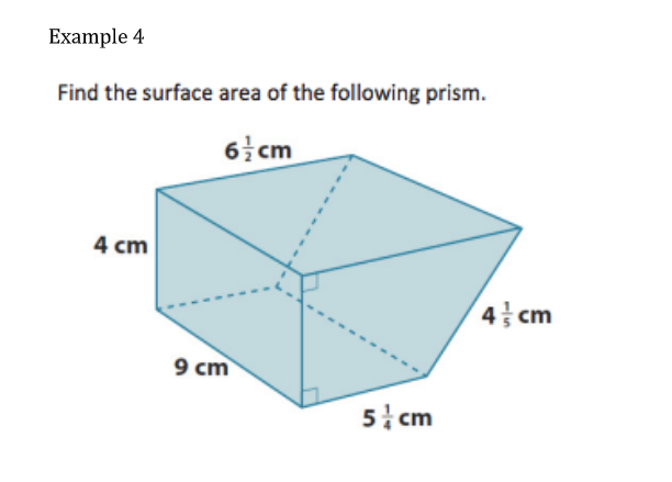 Example 4
Find the surface area of the following prism.
6:cm
4 cm
4 cm
9 cm
5 cm
