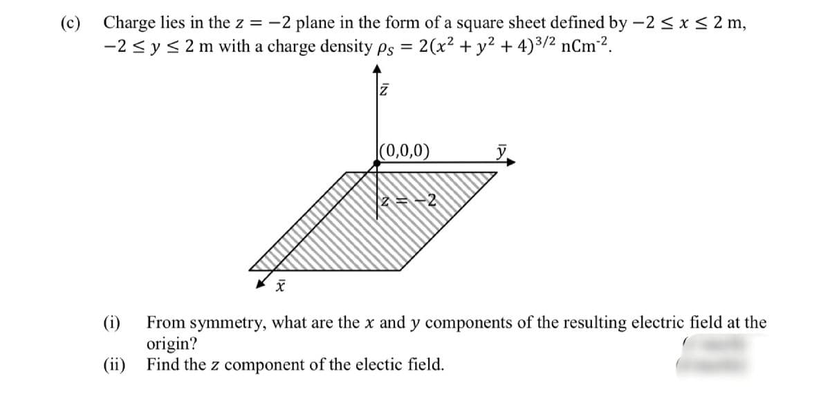 -2 plane in the form of a square sheet defined by –2 < x < 2 m,
(c) Charge lies in the z =
-2 <y< 2 m with a charge density ps = 2(x² + y² + 4)3/2 nCm².
(0,0,0)
y
z=-2
(i)
From symmetry, what are the x and y components of the resulting electric field at the
origin?
(ii)
Find the z component of the electic field.
