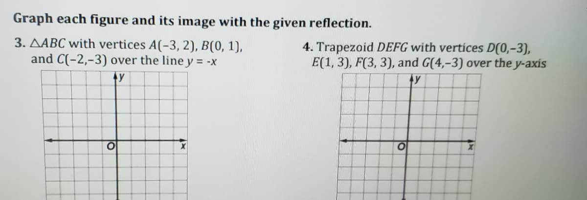 Graph each figure and its image with the given reflection.
3. AABC with vertices A(-3, 2), B(0, 1),
and C(-2,-3) over the line y = -x
4. Trapezoid DEFG with vertices D(0,-3),
E(1, 3), F(3, 3), and G(4,-3) over the y-axis
