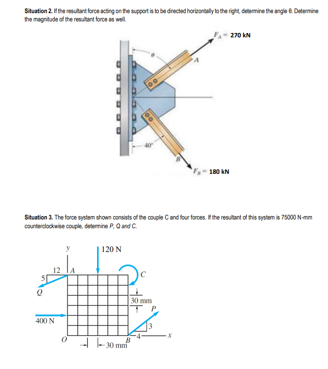 Situation 2. If the resultant force acting on the support is to be directed horizontally to the right, determine the angle 0. Determine
the magnitude of the resultant force as well.
270 kN
F 180 kN
Situation 3. The force system shown consists of the couple C and four forces. If the resultant of this system is 75000 N-mm
counterclockwise couple, determine P, Q and C.
y
120 N
12
| 30 mm
ТР
400 N
|3
В
- 30 mm
loo
