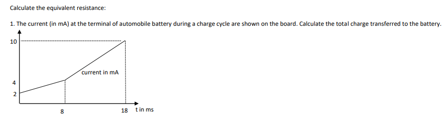 Calculate the equivalent resistance:
1. The current (in mA) at the terminal of automobile battery during a charge cycle are shown on the board. Calculate the total charge transferred to the battery.
10
current in mA
4
2
8.
18 tin ms
