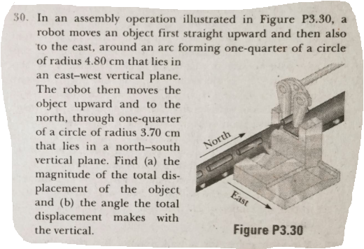 30. In an assembly operation illustrated in Figure P3.30, a
robot moves an object first straight upward and then also
to the cast, around an arc forming one-quarter of a circle
of radius 4.80 cm that lies in
an east-west vertical plane.
The robot then moves the
object upward and to the
north, through one-quarter
of a circle of radius 3.70 cm
that lies in a north-south
North
vertical plane. Find (a) the
magnitude of the total dis-
placement of the object
and (b) the angle the total
displacement makes with
the vertical.
East
Figure P3.30
