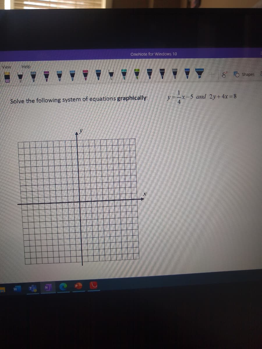 OneNote for Windows 10
View
Help
O Shapes
y=-x-5 and 2y+4x=8
Solve the following system of equations graphically:
