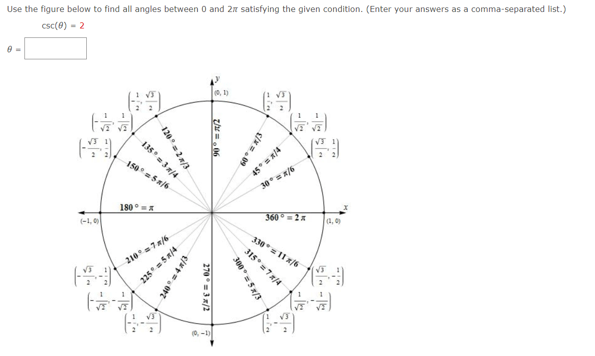 Use the figure below to find all angles between 0 and 2n satisfying the given condition. (Enter your answers as a comma-separated list.)
csc(0) = 2
1 V3
(0, 1)
V3
1
45° = 1/4
30° = x/6
150° = 5 x/6
180 ° = A
(-1, 0)
360° = 2 A
(1, 0)
330° = 11 A/6
210°.
V3
2
1
V3
(0, -1)
£/x = . 09
120° = 2 n/3
90 ° = 7/2
135° = 3 n/4
315° = 7 x/4
300° = 5 x/3
225° = 5 x/4
240으 4 지3-
