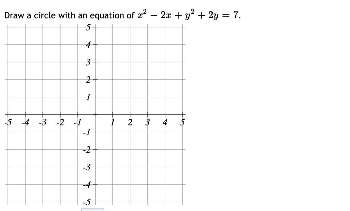 ### Drawing a Circle from an Equation

**Task:** Draw a circle with an equation of \( x^2 - 2x + y^2 + 2y = 7 \).

#### Steps to Solve:

1. **Rewrite the Equation:**
   - Start by completing the square for both the \( x \) and \( y \) terms in the given equation.
     \[
     x^2 - 2x + y^2 + 2y = 7
     \]

2. **Complete the Square:**
   - For \( x \):
     \[
     x^2 - 2x = (x - 1)^2 - 1
     \]
   - For \( y \):
     \[
     y^2 + 2y = (y + 1)^2 - 1
     \]

3. **Rewrite the Equation with Completed Squares:**
   - Substitute back into the original equation:
     \[
     (x - 1)^2 - 1 + (y + 1)^2 - 1 = 7
     \]
   - Simplify:
     \[
     (x - 1)^2 + (y + 1)^2 - 2 = 7
     \]
     \[
     (x - 1)^2 + (y + 1)^2 = 9
     \]

4. **Identify the Circle’s Center and Radius:**
   - The equation \((x - 1)^2 + (y + 1)^2 = 9\) represents a circle with center \((1, -1)\) and radius \(3\).

5. **Graph the Circle:**
   - Plot the center of the circle at \((1, -1)\) on the coordinate plane.
   - Use a compass or careful measurement to plot points that are exactly 3 units away from the center in all directions to form the circle.

#### Explanation of the Graph:

- **Axes and Quadrants:**
  - The graph is a standard Cartesian coordinate plane spanning from -5 to 5 on both the x and y axes.
  - Each axis is labeled with integers from -5 to 5.
  
- **Plotting the Center and Radius:**
  - The center of the circle is at the coordinate \((1, -1)\), which is one unit to the right of the y-axis and