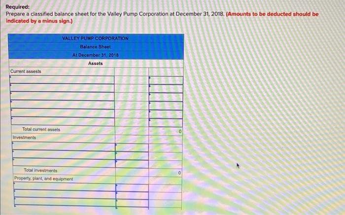 Required:
Prepare a classified balance sheet for the Valley Pump Corporation at December 31, 2018. (Amounts to be deducted should be
Indicated by a minus sign.)
Current assests
Total current assets
Investments
VALLEY PUMP CORPORATION
Balance Sheet
At December 31, 2018
Assets
Total investments
Property, plant, and equipment
0