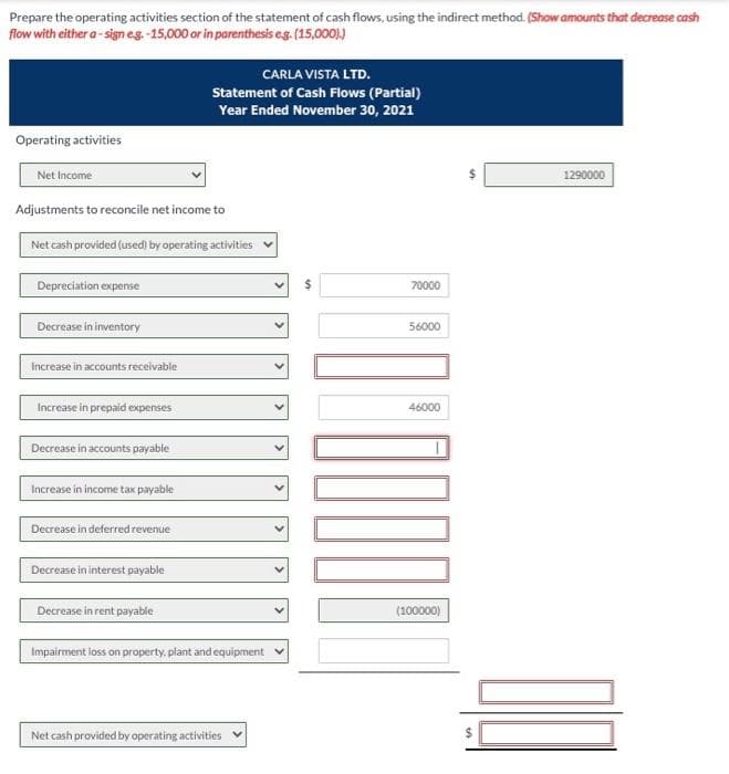 Prepare the operating activities section of the statement of cash flows, using the indirect method. (Show amounts that decrease cash
flow with either a-sign e.g.-15,000 or in parenthesis e.g. (15,000).)
Operating activities
Net Income
Adjustments to reconcile net income to
Net cash provided (used) by operating activities
Depreciation expense
Decrease in inventory
Increase in accounts receivable
Increase in prepaid expenses
Decrease in accounts payable
Increase in income tax payable
Decrease in deferred revenue
Decrease in interest payable
CARLA VISTA LTD.
Statement of Cash Flows (Partial)
Year Ended November 30, 2021
Decrease in rent payable
Impairment loss on property, plant and equipment
Net cash provided by operating activities ✓
5
70000
56000
GOODOR
46000
(100000)
S
1290000
00