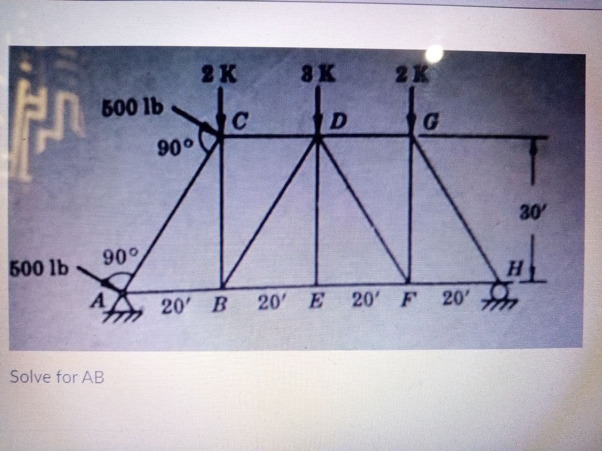 2K
8K
2K
500lb
C
90
30'
90°
500 lb-
H
20 B 20' E '
20 F 20'
727
Solve for AB
