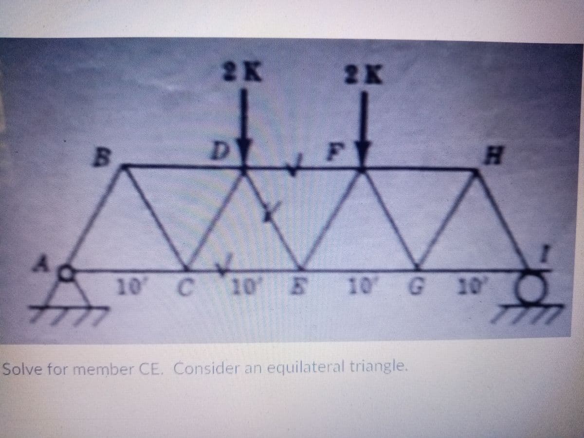 2K
2K
B.
A
10 C10 E
10 G
G 10'
ププ
Solve for member CE. Consider an equilateral triangle.
