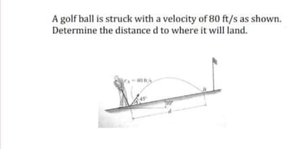 A golf ball is struck with a velocity of 80 ft/s as shown.
Determine the distance d to where it will land.
