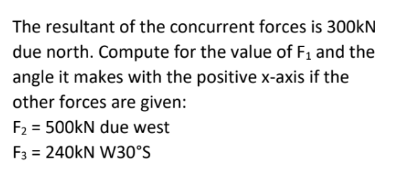 The resultant of the concurrent forces is 300kN
due north. Compute for the value of F1 and the
angle it makes with the positive x-axis if the
other forces are given:
F2 = 500KN due west
%3D
F3 = 240KN W30°S
