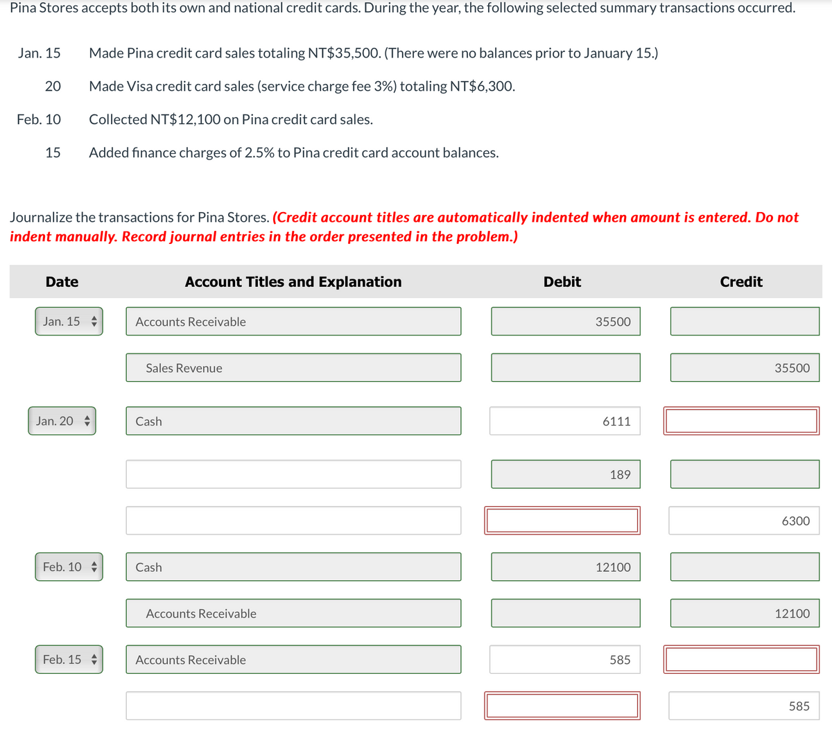 Pina Stores accepts both its own and national credit cards. During the year, the following selected summary transactions occurred.
Jan. 15
20
Feb. 10
15
Journalize the transactions for Pina Stores. (Credit account titles are automatically indented when amount is entered. Do not
indent manually. Record journal entries in the order presented in the problem.)
Date
Jan. 15
Jan. 20
Feb. 10
Made Pina credit card sales totaling NT$35,500. (There were no balances prior to January 15.)
Made Visa credit card sales (service charge fee 3%) totaling NT$6,300.
Collected NT$12,100 on Pina credit card sales.
Added finance charges of 2.5% to Pina credit card account balances.
Feb. 15
Accounts Receivable
Account Titles and Explanation
Sales Revenue
Cash
Cash
Accounts Receivable
Accounts Receivable
Debit
35500
6111
189
12100
585
Credit
35500
6300
12100
585