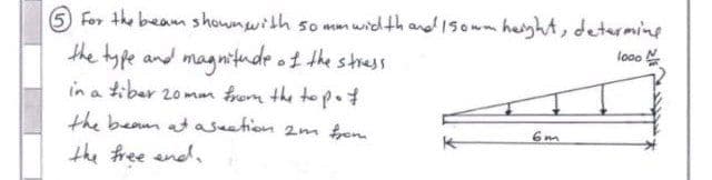 5 For the beam shown with so mm width and 150wm height, determine
loco
the type and magnitude of the stress.
in a kiber 20mm from the top of
the beam at a section 2m from
the free end.
6m