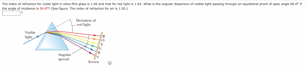 The index of refraction for violet light in silica flint glass is 1.66 and that for red light is 1.62. What is the angular dispersion of visible light passing through an equilateral prism of apex angle 60.0⁰ if
the angle of incidence is 54.0°? (See figure. The index of refraction for air is 1.00.)
O
Visible
light
Angular
spread
Deviation of
red light
G
B
V
Screen
R