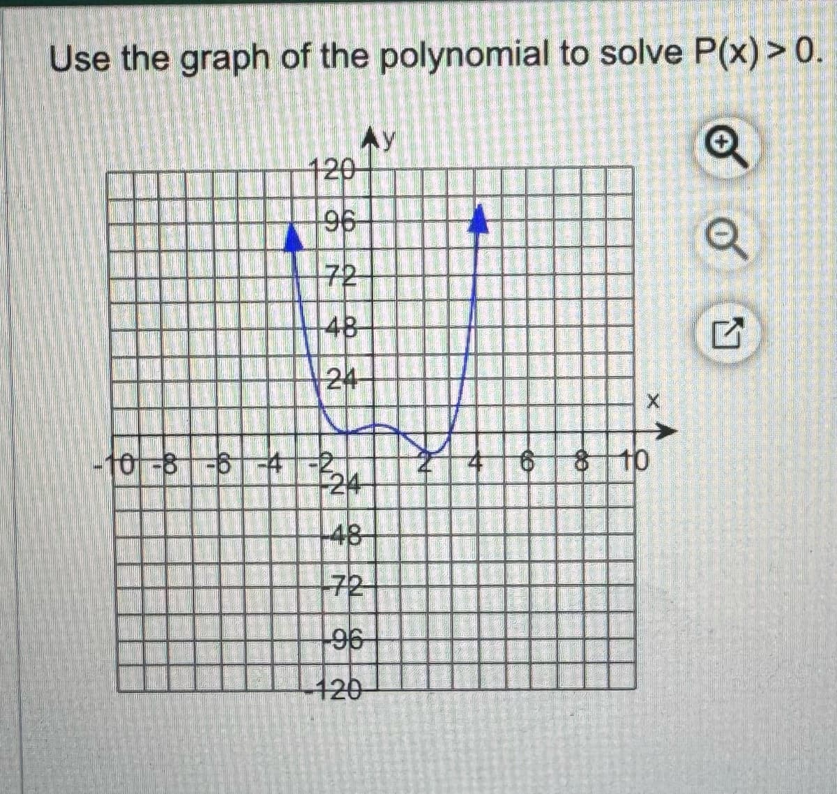 Use the graph of the polynomial to solve P(x) > 0.
120
Ay
96
72
48
√24
10-3 6-4 ₤24
48
72
8 10
96
-120
X
Q
G