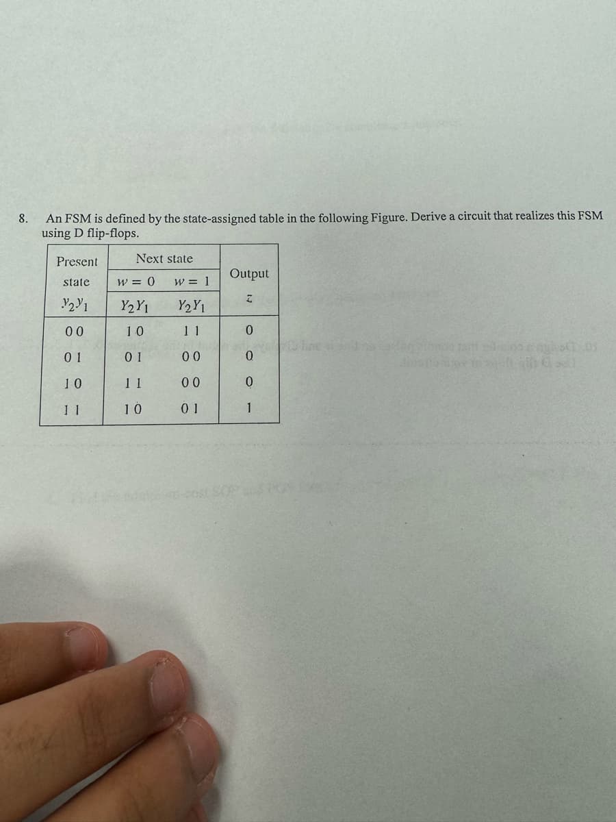 8.
An FSM is defined by the state-assigned table in the following Figure. Derive a circuit that realizes this FSM
using D flip-flops.
Present
state
Y2Y1
00
01
10
11
Next state
W = 0
Y2Y1
10
01
11
10
W = 1
Y2Y1
11
00
00
01
wp-cost S
Output
2.
000
1
ve he
Ainos y tod