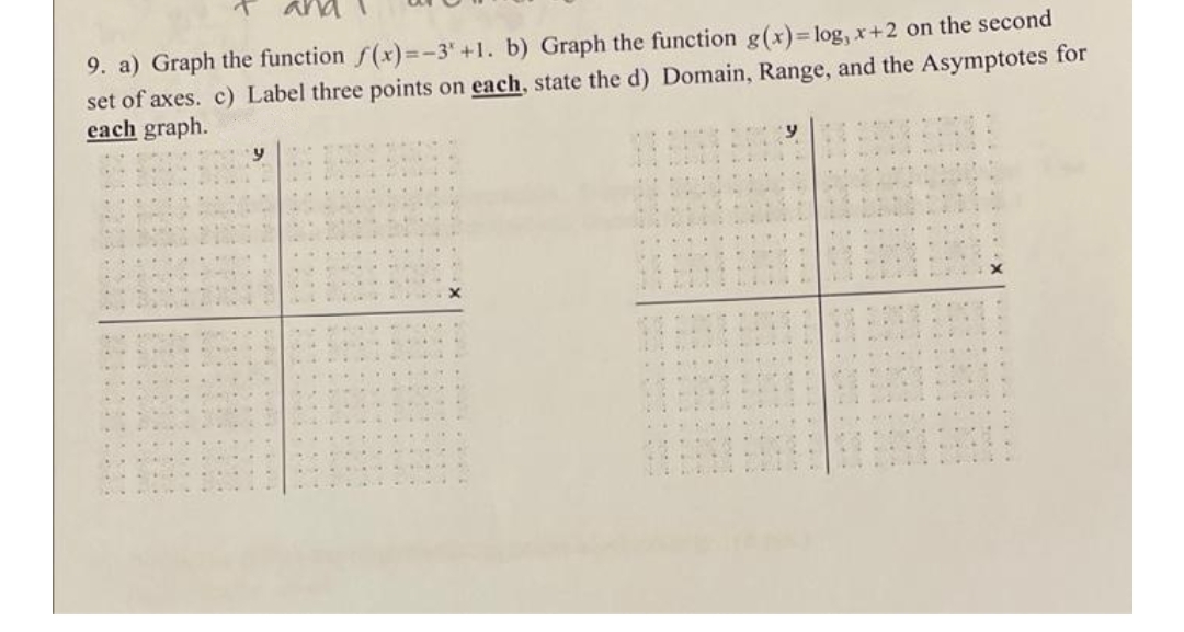 9. a) Graph the function f(x)=-3' +1. b) Graph the function g(x)%3Dlog, x+2 on the second
set of axes. c) Label three points on each, state the d) Domain, Range, and the Asymptotes for
each graph.
5.
....
...
