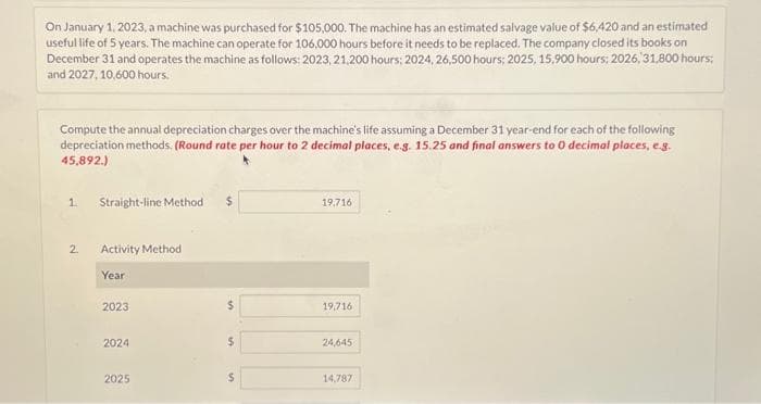 On January 1, 2023, a machine was purchased for $105,000. The machine has an estimated salvage value of $6,420 and an estimated
useful life of 5 years. The machine can operate for 106,000 hours before it needs to be replaced. The company closed its books on
December 31 and operates the machine as follows: 2023, 21,200 hours; 2024, 26,500 hours; 2025, 15,900 hours: 2026, 31,800 hours;
and 2027, 10,600 hours.
Compute the annual depreciation charges over the machine's life assuming a December 31 year-end for each of the following
depreciation methods. (Round rate per hour to 2 decimal places, e.g. 15.25 and final answers to 0 decimal places, e.g.
45,892.)
1. Straight-line Methodi $
2.
Activity Method
Year
2023
2024
2025
$
19,716
19,716
24,645
14,787