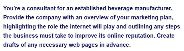 You're a consultant for an established beverage manufacturer.
Provide the company with an overview of your marketing plan,
highlighting the role the internet will play and outlining any steps
the business must take to improve its online reputation. Create
drafts of any necessary web pages in advance.