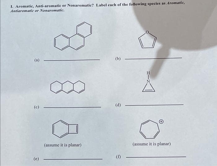 I. Aromatic, Anti-aromatic or Nonaromatic? Label each of the following species as Aromatic,
Antiaromatic or Nonaromatic.
(b)
(d)
O
(assume it is planar)
(assume it is planar)