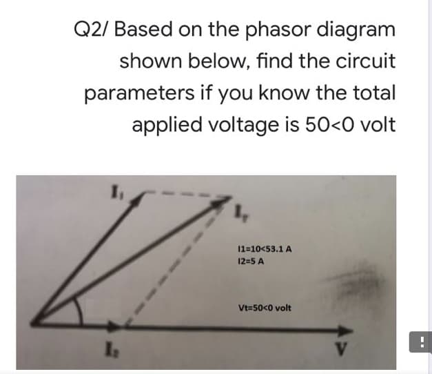 Q2/ Based on the phasor diagram
shown below, find the circuit
parameters if you know the total
applied voltage is 50<0 volt
11=10<53.1 A
12=5 A
Vt=50<0 volt
V
