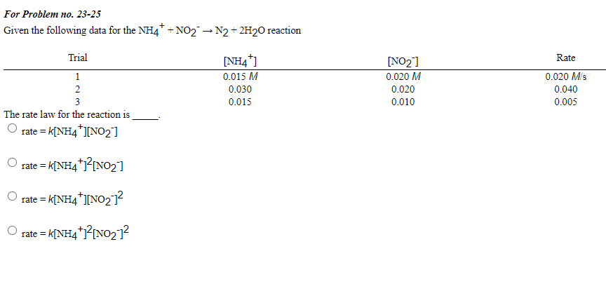 For Problem no. 23-25
Given the following data for the NH4* +NO2 → N2 + 2H20 reaction
Trial
[NH4*]
0.015 M
Rate
[NO2]
1
0.020 M
0.020 MIs
2
0.030
0.020
0.040
3
0.015
0.010
0.005
The rate law for the reaction is
rate = k[NH4*][NO2]
rate = k[NH4*j?[NO2]
rate = k[NH4*][NO2P
O rate = k[NH4*j?[NO272
