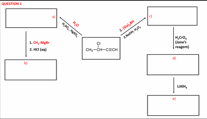 QUESTION 1
c)
a)
H,0
H,SO,, HgSo,
1. (Sia),BH
H,Cro,
(Jone's
reagent)
2.NaOH, н,о,
1. CH;-MgBr
2. HCI (aq)
CH3-CH-CECH
d)
b)
LIAIH,
e)
