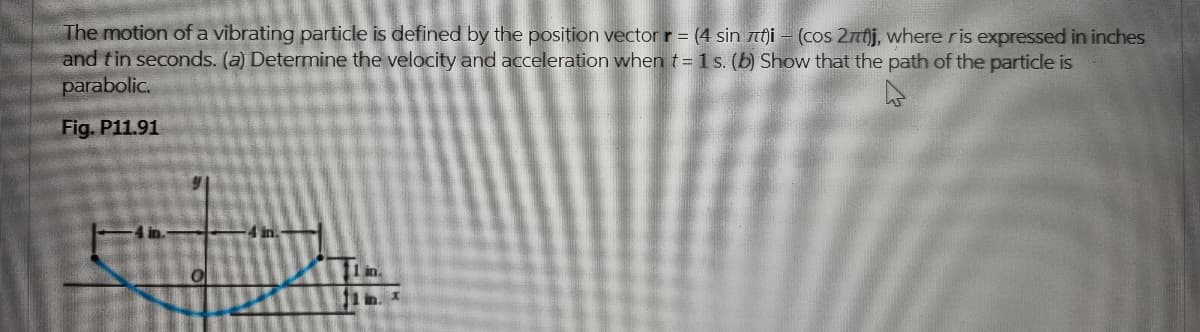 The motion of a vibrating particle is defined by the position vector r = (4 sin nt)i – (cos 2ntj, where ris expressed in inches
and tin seconds. (a) Determine the velocity and acceleration when t= 1 s. (b) Show that the path of the particle is
parabolic.
Fig. P11.91
1 in.
11 in.
