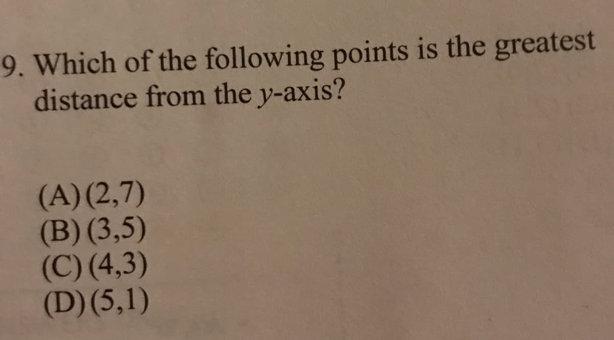 9. Which of the following points is the greatest
distance from the y-axis?
(A) (2,7)
(B) (3,5)
(C) (4,3)
(D) (5,1)
