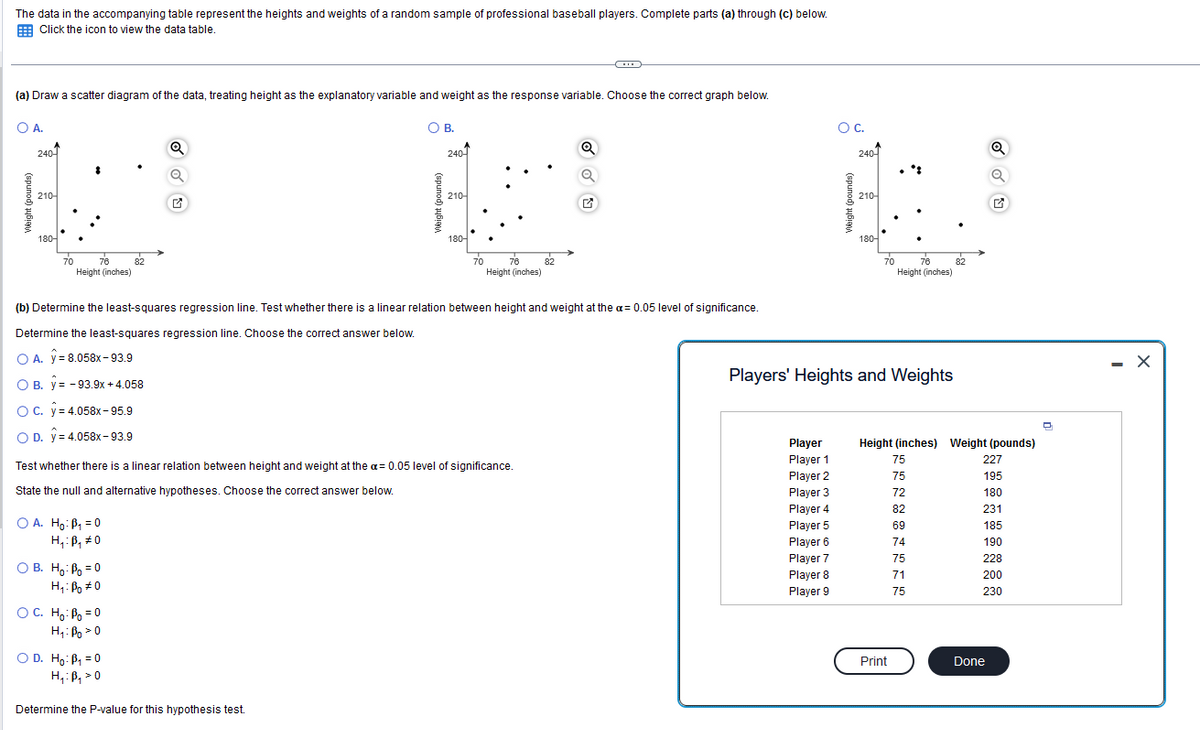 The data in the accompanying table represent the heights and weights of a random sample of professional baseball players. Complete parts (a) through (c) below.
Click the icon to view the data table.
(a) Draw a scatter diagram of the data, treating height as the explanatory variable and weight as the response variable. Choose the correct graph below.
O A.
Weight (pounds)
240-
210-
180-
70
8
76
Height (inches)
O C. y = 4.058x-95.9
O D. y = 4.058x-93.9
O A. Ho: B₁ = 0
H₁: B₁ 0
82
OB. Ho: B=0
Hi Boto
G
OC. H₂: B = 0
Hi: Bozo
O B.
Weight (pounds)
O D. Ho: B₁ = 0
H₁: B₁ 0
Determine the P-value for this hypothesis test.
240-
210-
Test whether there is a linear relation between height and weight at the a= 0.05 level of significance.
State the null and alternative hypotheses. Choose the correct answer below.
180-
(b) Determine the least-squares regression line. Test whether there is a linear relation between height and weight at the a= 0.05 level of significance.
Determine the least-squares regression line. Choose the correct answer below.
O A. y = 8.058x-93.9
O B. y = -93.9x + 4.058
70 76
Height (inches)
82
Q
Q
4
Player
Player 1
Player 2
Player 3
Player 4
Player 5
Player 6
Player 7
OC.
Player 8
Player 9
240-
210-
180-
Players' Heights and Weights
70
76
Height (inches)
Print
Height (inches) Weight (pounds)
75
75
72
82
69
74
75
82
71
75
227
195
180
231
185
190
228
200
230
Done
- X