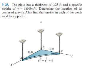 9-25. The plate has a thickness of 0.25 ft and a specific
weight of y = 180 lb/ft'. Determine the location of its
center of gravity. Also, find the tension in cach of the cords
used to support it.
B
16 ft
16 ft
y2 + x2 -4
