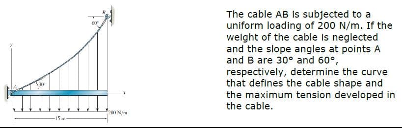 The cable AB is subjected to a
uniform loading of 200 N/m. If the
weight of the cable is neglected
and the slope angles at points A
and B are 30° and 60°,
respectively, determine the curve
that defines the cable shape and
the maximum tension developed in
the cable.
60°
30
200 N/m
-15 m
