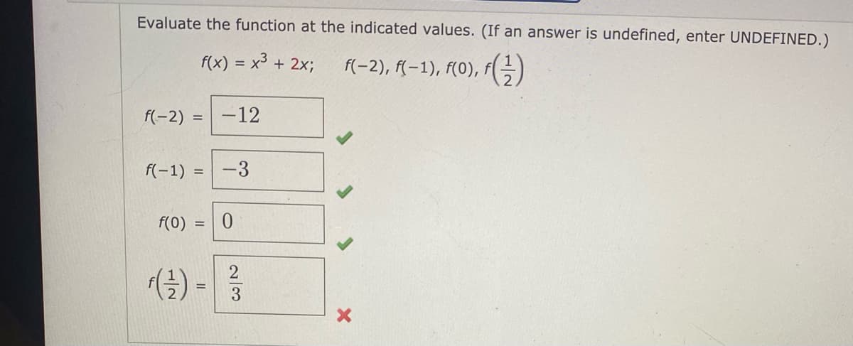 Evaluate the function at the indicated values. (If an answer is undefined, enter UNDEFINED.)
f(x) = x³ + 2x;
f(-2), f(-1), f(0), f=)
f(-2)
-12
f(-1) =
-3
f(0)
2//3
1/2
