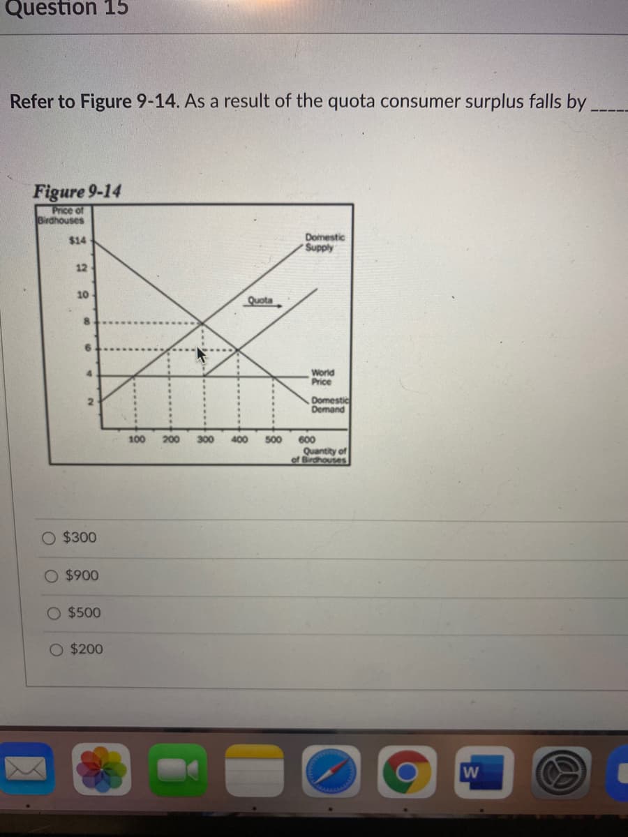 Question 15
Refer to Figure 9-14. As a result of the quota consumer surplus falls by
Figure 9-14
Price of
Birdhouses
Domestic
Supply
$14
12
10
Quota
World
Price
Domestic
Demand
100
200
300
400
500
600
Quantity of
of Birdhouses
$300
$900
O $500
O $200
..
.. 8
