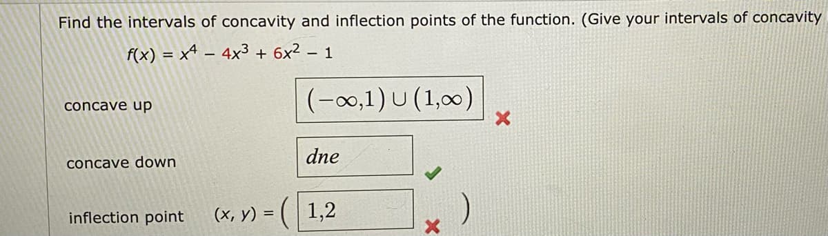 Find the intervals of concavity and inflection points of the function. (Give your intervals of concavity
f(x) = x4 – 4x3 + 6x² – 1
-
(-00,1) U (1,00)
concave up
dne
concave down
inflection point
(x, y) = ( 1,2
