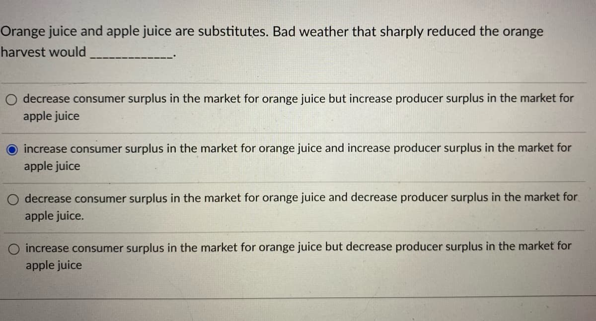 ### Impact of Adverse Weather on Orange and Apple Juice Markets

**Topic: Substitute Goods – Orange Juice and Apple Juice**

**Scenario:**
Orange juice and apple juice are considered substitutes. A situation is presented where bad weather sharply reduces the orange harvest. This type of adverse weather is expected to cause changes in both the orange juice and apple juice markets. The question posed is what effect this weather condition would have on the consumer and producer surpluses in these markets.

**Question:**
Bad weather that sharply reduced the orange harvest would ____________.

**Options:**
- ☐ decrease consumer surplus in the market for orange juice but increase producer surplus in the market for apple juice
- ☐ increase consumer surplus in the market for orange juice and increase producer surplus in the market for apple juice
- ☐ decrease consumer surplus in the market for orange juice and decrease producer surplus in the market for apple juice
- ☑ increase consumer surplus in the market for orange juice but decrease producer surplus in the market for apple juice

**Explanation:**
Understanding the effects of bad weather on orange crops and its economic impacts requires analyzing both markets due to their substitutability. Here's a detailed look at the given options:

1. **Decrease Consumer Surplus in the Market for Orange Juice but Increase Producer Surplus in the Market for Apple Juice:**
   - **Consumer Surplus for Orange Juice:** A reduced orange harvest increases the price of orange juice, thereby decreasing the consumer surplus as fewer consumers will be able to afford it.
   - **Producer Surplus for Apple Juice:** As the price of orange juice rises, the demand for apple juice increases. This can potentially increase the price and quantity sold, thereby increasing producer surplus.
   
2. **Increase Consumer Surplus in the Market for Orange Juice and Increase Producer Surplus in the Market for Apple Juice:**
   - This option is logically inconsistent because a reduced orange harvest will most likely increase prices and reduce consumer surplus due to higher costs and decreased availability.
   
3. **Decrease Consumer Surplus in the Market for Orange Juice and Decrease Producer Surplus in the Market for Apple Juice:**
   - **Consumer Surplus for Orange Juice:** As above, it would decrease.
   - **Producer Surplus for Apple Juice:** This is inconsistent because an increase in demand for apple juice (a substitute) would likely increase producer surplus, not decrease it.

4. **Increase Consumer Surplus in the Market for Orange Juice but Decrease Producer Surplus