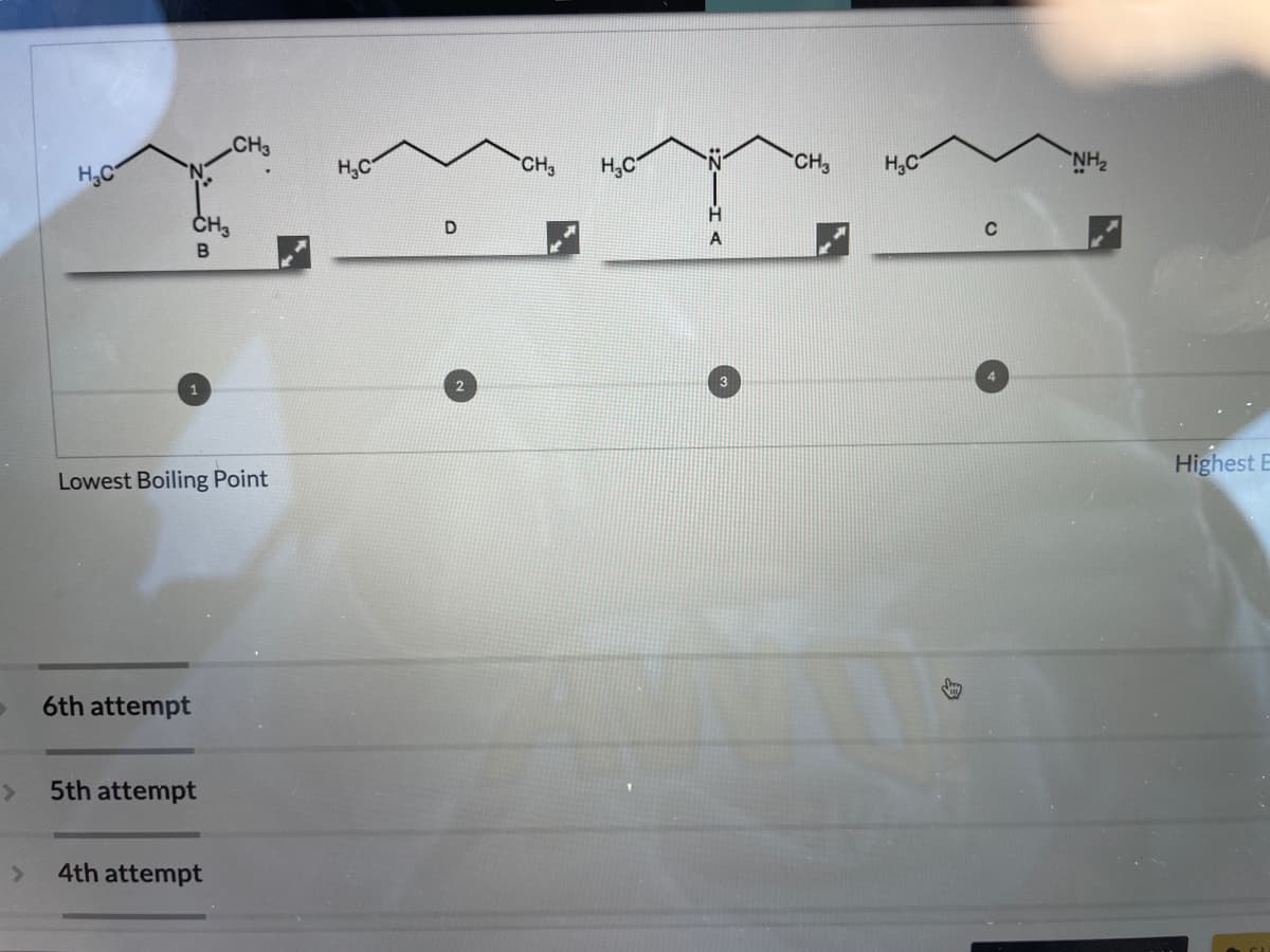 CH3
H,C
CH3
H,C
CH3
H,C
NH2
H,C
C
1
Highest E
Lowest Boiling Point
6th attempt
5th attempt
4th attempt
