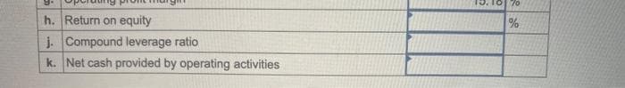 9.
h. Return on equity
j. Compound leverage ratio
k. Net cash provided by operating activities
10 70
%