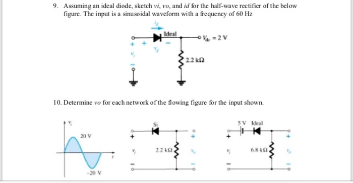 9. Assuming an ideal diode, sketch vi, vo, and id for the half-wave rectifier of the below
figure. The input is a sinusoidal waveform with a frequency of 60 Hz
20 V
Ideal
IT
2.2k2
10. Determine vo for each network of the flowing figure for the input shown.
-20 V
V-2V
22kQ2
18
5V Ideal
6.8 k