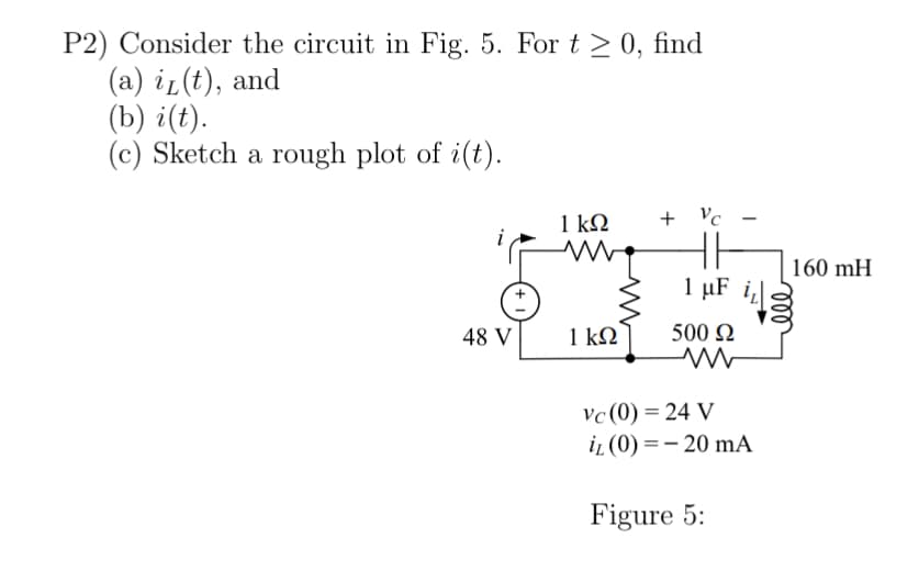 P2) Consider the circuit in Fig. 5. For t≥ 0, find
(a) iz (t), and
(b) i(t).
(c) Sketch a rough plot of i(t).
6
48 V
1 kQ
1 ΚΩ
+ Vc
1 μF
500 Ω
ww
vc (0) = 24 V
iz (0)-20 mA
Figure 5:
160 mH
ell