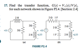 17. Find the transfer function, G(s) = VL(S)/V(s),
for each network shown in Figure P2.4. [Section: 2.4]
v(1)
2 H
0000
202
M
M0000
292.
2H
v(1)
VL(1)
FIGURE P2.4
ΣΩ IF
WWIFT
ине
22.
1F
(b)
252
rellem
2H
VL(1)