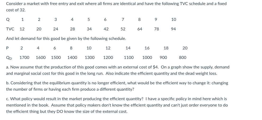 Consider a market with free entry and exit where all fırms are identical and have the following TVC schedule and a fixed
cost of 32.
2
4
6
8
9
10
TVC
12
20
24
28
34
42
52
64
78
94
And let demand for this good be given by the following schedule.
P
4
6
8
10
12
14
16
18
20
QD
1700
1600
1500
1400
1300
1200
1100
1000
900
800
a. Now assume that the production of this good comes with an external cost of $4. On a graph show the supply, demand
and marginal social cost for this good in the long run. Also indicate the efficient quantity and the dead weight loss.
b. Considering that the equilibrium quantity is no longer efficient, what would be the efficient way to change it: changing
the number of firms or having each firm produce a different quantity?
c. What policy would result in the market producing the efficient quantity? I have a specific policy in mind here which is
mentioned in the book. Assume that policy makers don't know the efficient quantity and can't just order everyone to do
the efficient thing but they D0 know the size of the external cost.
