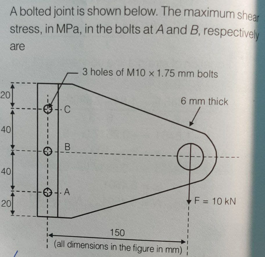 A bolted joint is shown below. The maximum shear
stress, in MPa, in the bolts at A and B, respectivey
are
3 holes of M10 x 1.75 mm bolts
20
6 mm thick
C
40
B
40
-A
F 10 kN
20
%3D
150
(all dimensions in the figure in mm)
