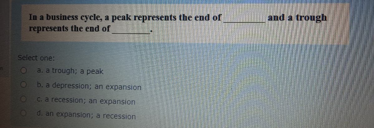 and a trough
In a business cycle, a peak represents the end of
represents the end of
Select one:
a. a trough; a peak
b. a depression; an expansion
C.a recession; an expansion
d. an expansion; a recession
