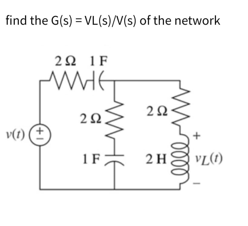 find the G(s) = VL(s)/V(s) of the network
v(t)
(+1
2Ω 1F
WHET
2Ω
1 F
252
2 H
0000
VL(1)